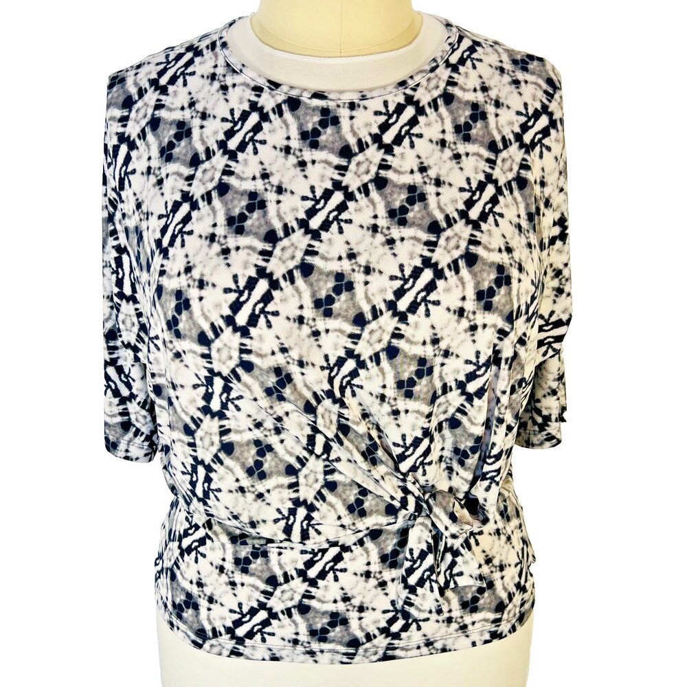 Clara Sun Woo Top Blouse Womens L Geometric Short Dolman Sleeve Knot Hem